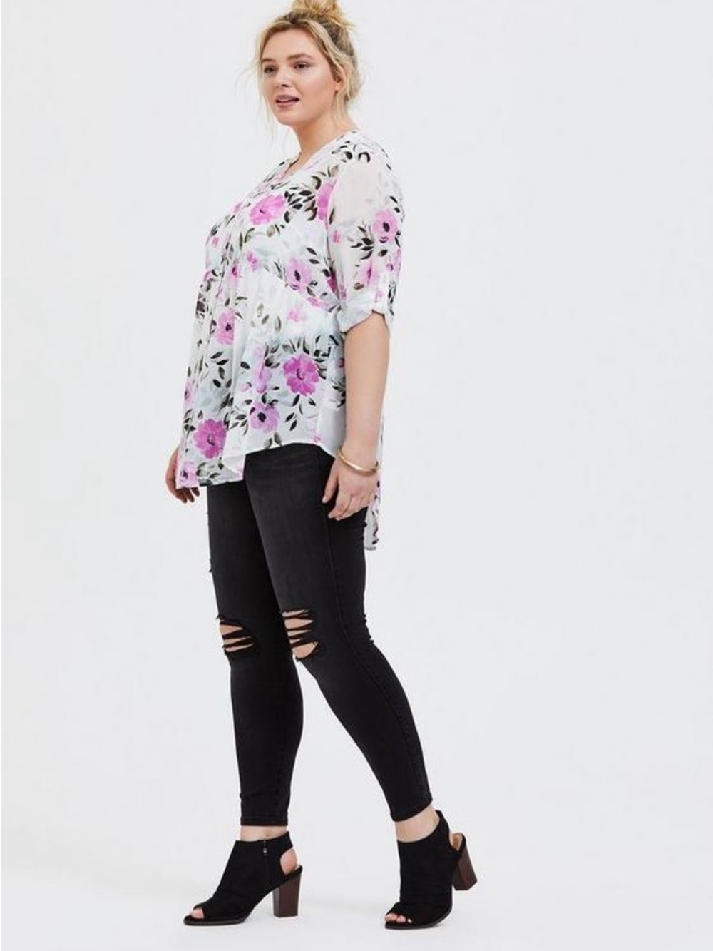 NWT Torrid ‘Emma’ Ivory Floral Long Sleeve Chiffon Babydoll Tunic’ Plus Size 5X
